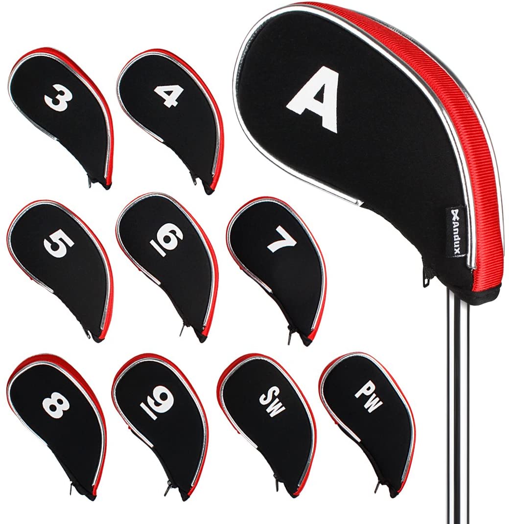 Andux Neoprene Golf Iron Club Head Covers with Zipper RH 10pcs/set Black/red, Black / Red