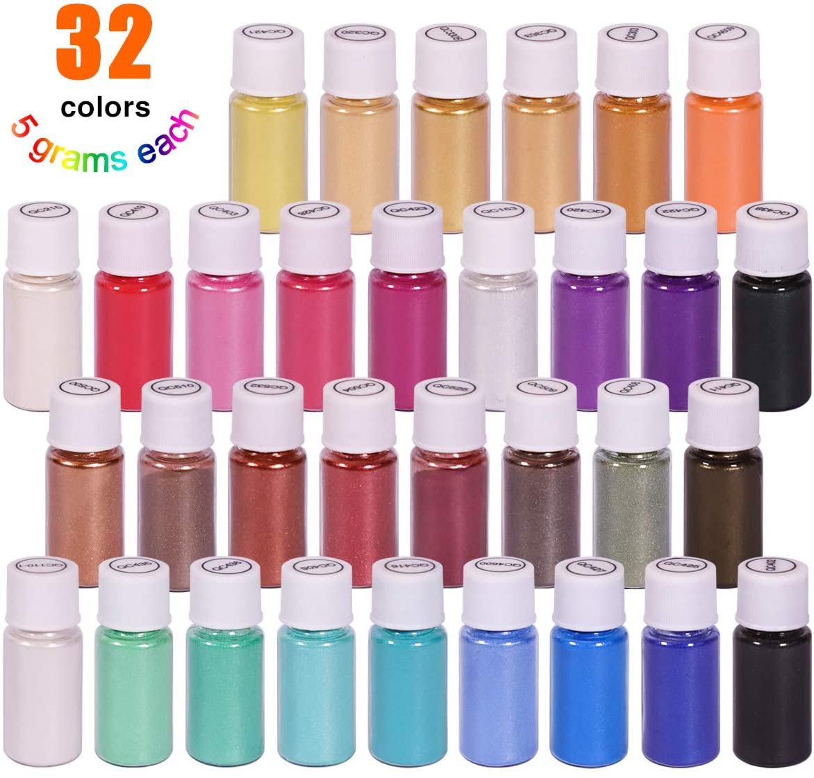 32 Colors Mica Powder, Mica Pigments Shimmery Powder in Jars, Epoxy Resin for Bath Bomb Lip Gloss