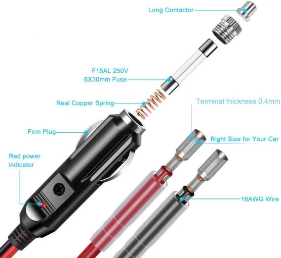 GTIWUNG 2 Pack Car Replacement 12V Cigarette Lighter Male Plug with Leads, 15A Fuse Protection with LED Light, Cigar Female Socket Plug Extension Cable for Motorcycle, Car, Tractor - Image 2