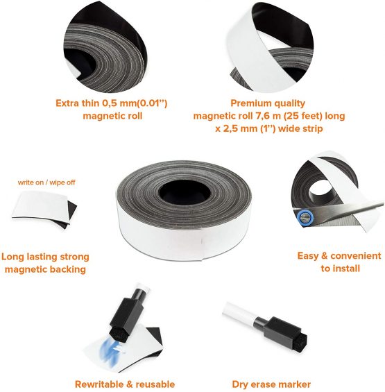 Dry Erase Magnetic Strips - 2,5cm x 7,6m Magnetic Tape Roll - Blank Write On Magnets - Sticky Labels and Stickers - Writable Flexible Magnet Sheet for Whiteboards, Refrigerator and Crafts - Image 4