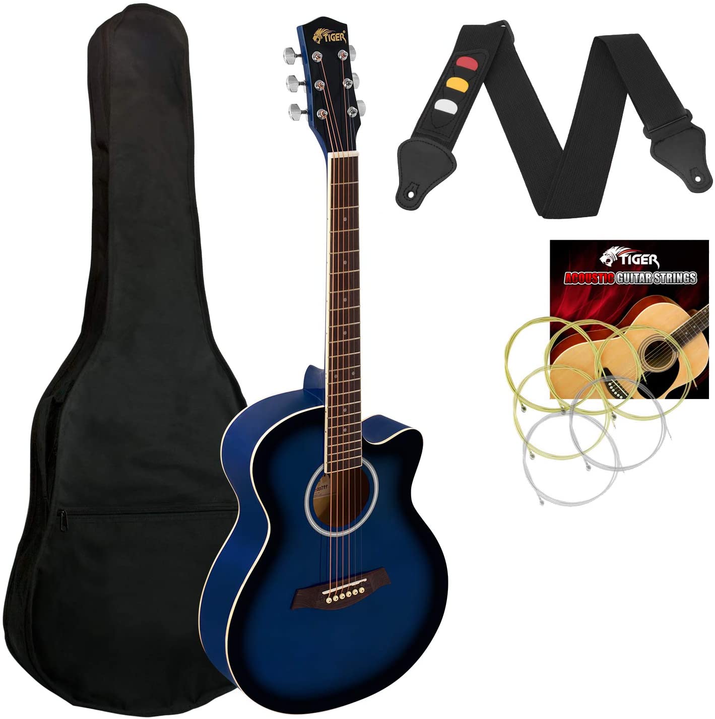 Tiger ACG1-BL Acoustic Guitar with Steel Strings, Small Body 4/4, for Beginners aged 11+, Bag, Strap, Spare Strings