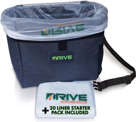 Drive Auto Products Car Bin – Medium Rubbish Bins for Stowing and Tidying w/ Disposable Liners and Adjustable Black Strap – Car Accessories