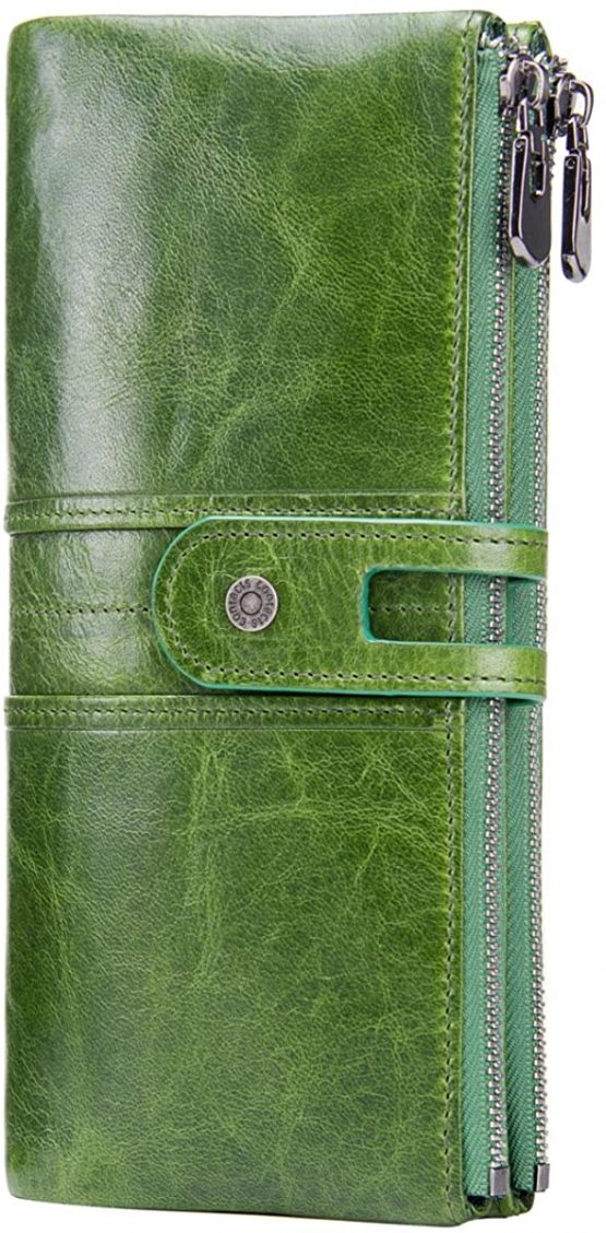 Contacts Women Real Leather ID Card Coin Phone Holder Zipper Clutch Purse Wallet (Green)(Size: One Size)