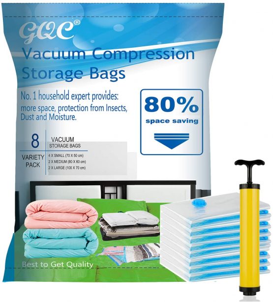 GQC Premium Vacuum Storage Bags. 80% More Storage!Vacuum bags clothes Hand-Pump for Travel! Double-Zip Seal and Triple Seal Turbo-Valve for Max Space Saving(2PCS100x70cm; 2PCS 80x60cm;4PCS70x50cm)