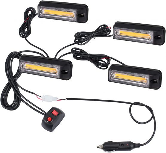 Justech 4PCS COB Recovery Lights 12V 24V Hazard Warning Light Amber Warning Beacon Emergency Grill Lights 18 Flash Modes with Car Cigarette Lighter for Vehicle Truck Trailer Caravan Van Lorry Tractors