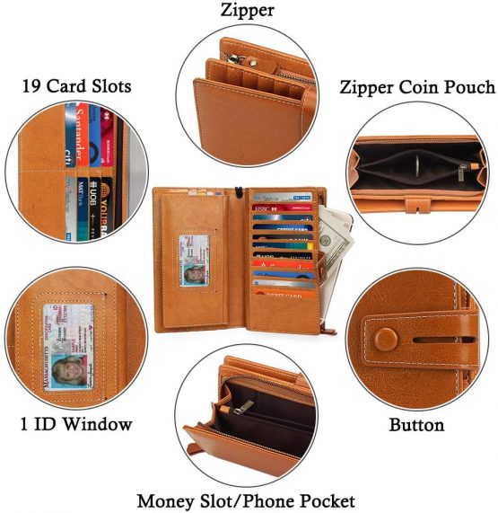 FT FUNTOR Ladies Large Capacity Genuine Leather Purse with Zipper Pocket for Cell Phone,19 Cards Slots RFID Blocking Wallet Purses for Women (Yellow) - Image 3