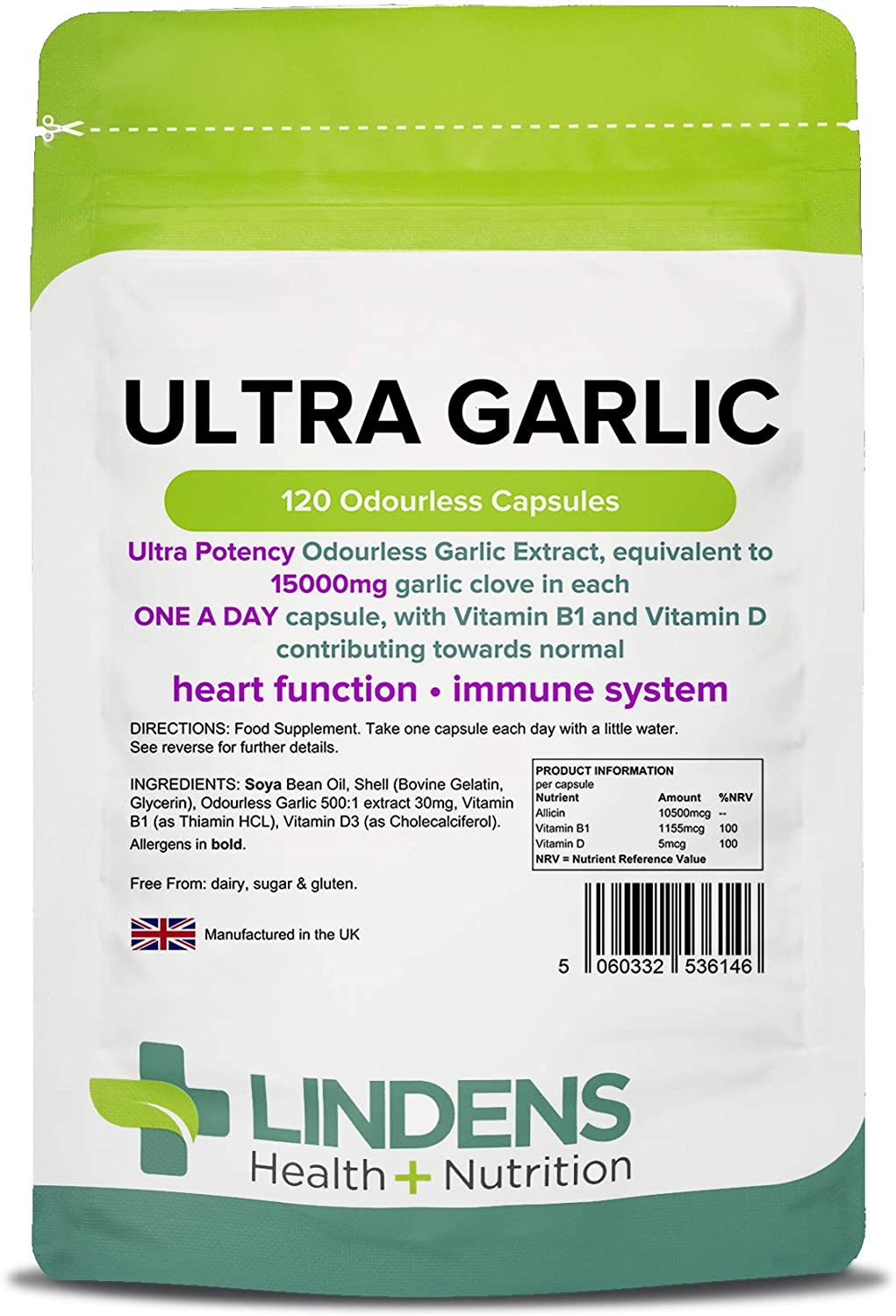 Lindens Ultra Garlic 15000mg Odourless Capsules 120 Pack, UK Made