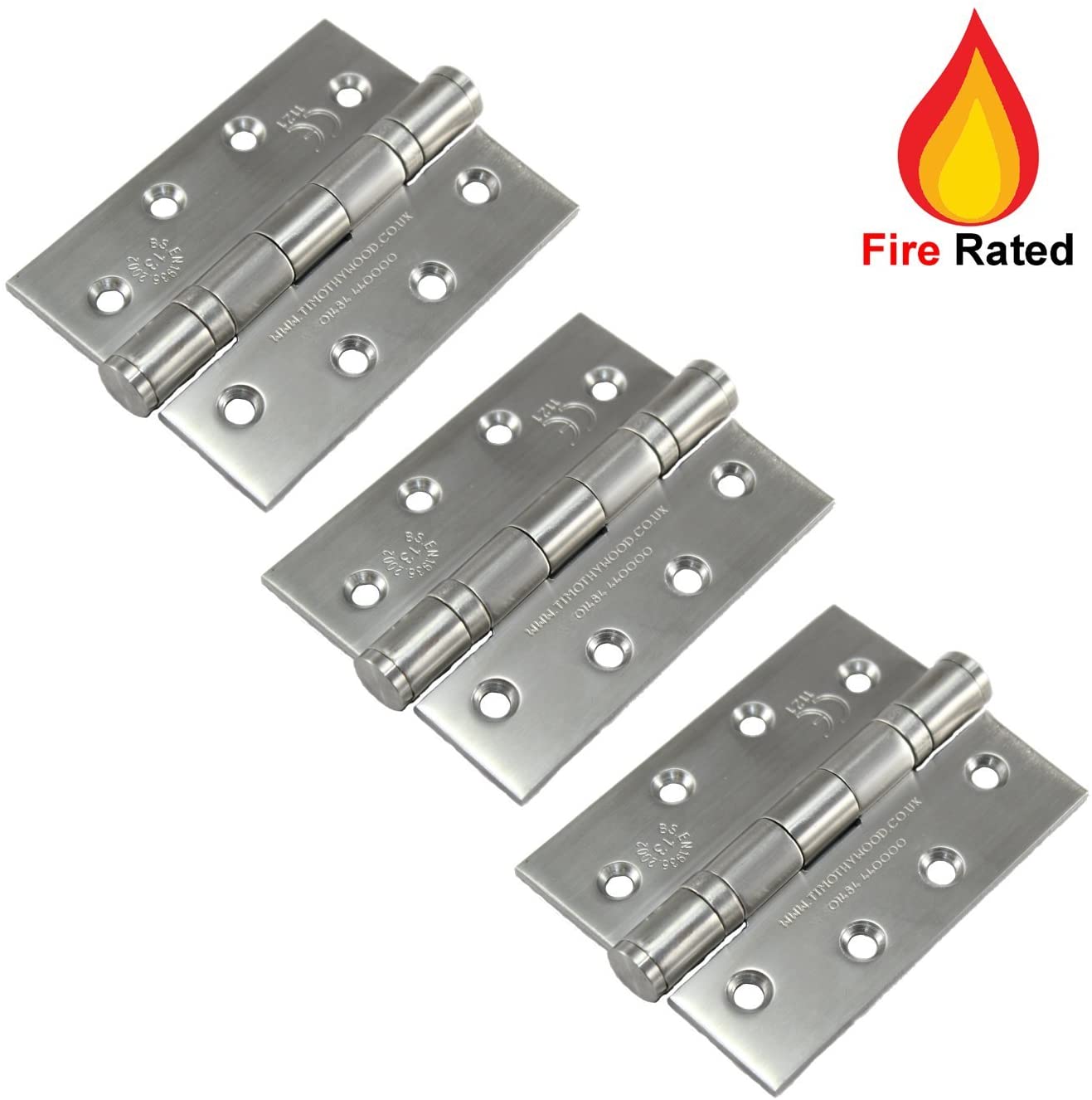Timothy Wood Limited 3 Pack of Grade 13 Fire Rated Ball Bearing Door Butt Hinges 4" 102mm - Stainless Steel