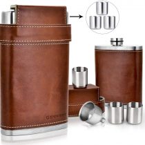 GENNISSY 8oz Hip Flask with Funnel - Stainless Steel with Leather Wrapped Cover and 100% Leak Proof