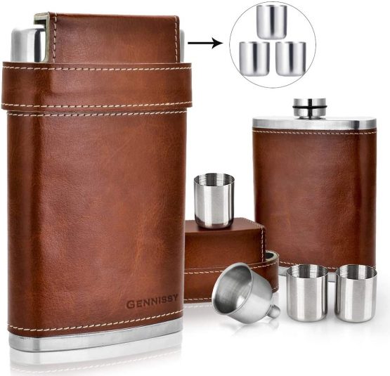 GENNISSY 8oz Hip Flask with Funnel - Stainless Steel with Leather Wrapped Cover and 100% Leak Proof