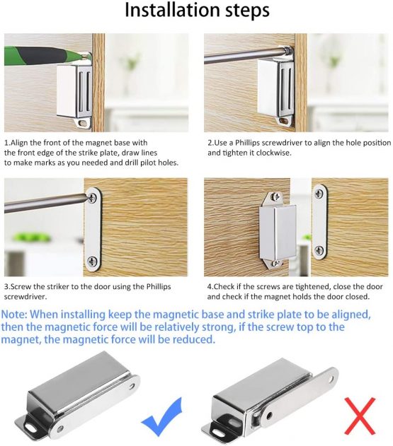 Onarway Magnetic Door Catch 20KG Pull Strong Magnet Cabinet Latches Magnetic Hardware Stainless Steel Chrome Door Closer for Bathroom Kitchen Sliding Door Window Cupboard (40lbs Strength 2 Pack) - Image 4