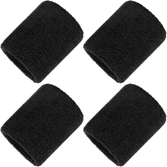 kuou 2 Pairs/4 Pack Black Wrist Sweatband, Athletic Cotton Sweat Bands Terry Cloth Wristband For Sports