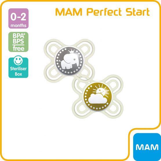 MAM Perfect Soothers 0-2 Months (Pack of 2), Thinner and Softer Baby Soothers with Self Sterilising Travel Case, Newborn Essentials, Green/White (Designs May Vary) - Image 2