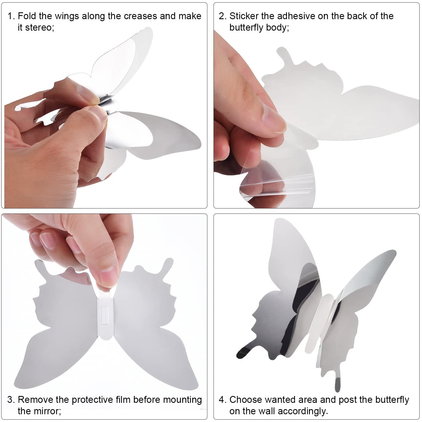BBTO 36 Pieces DIY Mirror Butterfly Combination 3D Mirror Wall Stickers Home Decoration, Silver, x large - Image 3