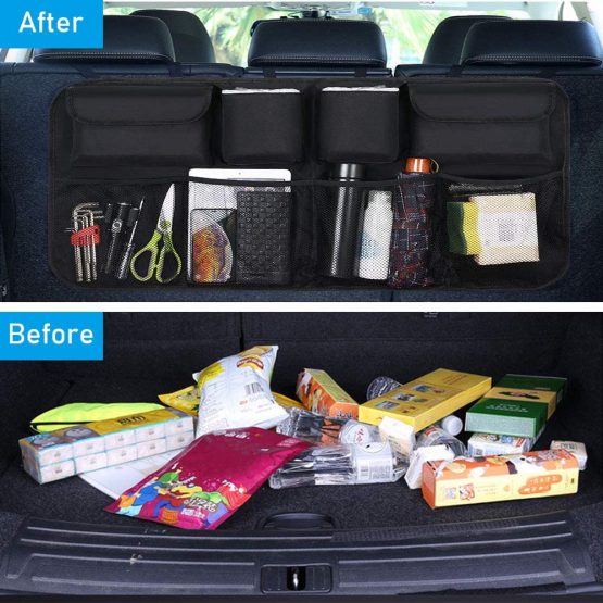 URAQT Car Boot Organiser Waterproof Kick Mats Car Organiser Seat Back Protectors, Multi-Pocket Children's Travel Storage, Durable Foldable Cargo Net Storage for Car Backseat Cover - Image 2
