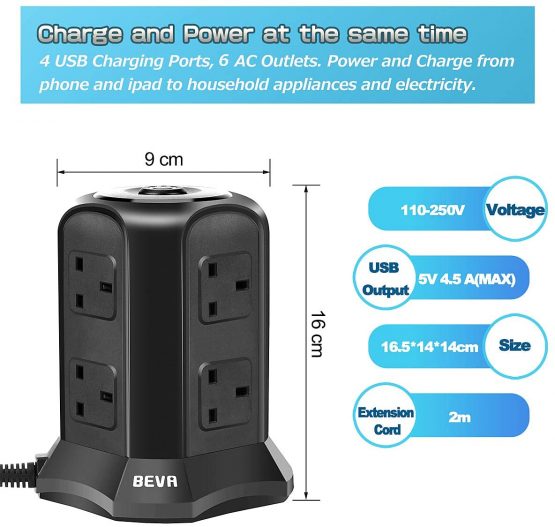 Tower Extension Lead, Vertical Power Strip with 6 sockets and 4 USB Ports, BEVA Multi Plug Charging Station with 2M Extension Cord for Home, Office, Black… - Image 2