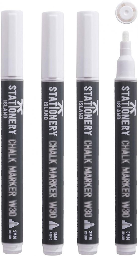 Stationery Island W30 White Chalk Pens - 3mm - Pack of 4 - Fine Bullet Nibs - Wet Wipe Erase Liquid Chalk Markers - For Glass, Mirrors, Windows, Whiteboards, Signs and Nonporous Blackboards