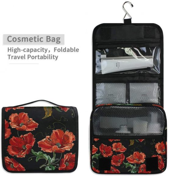 Moyyo Beautiful Red Poppies Flowers Toiletry Bag Travel Wash Bag Organised Toiletry Bag Hanging Toiletry Bag Gym Camping Toiletry Bag Portable Cosmetic Organiser Bag for Women Girls Kids - Image 4