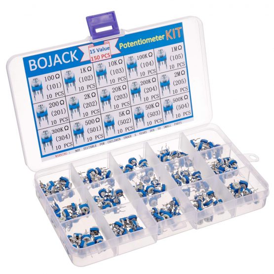 BOJACK 15 Values 150 pcs 100 Ohm- 2M Ohm Variable Resistor 6mm Potentiometer Assortment Kit packag in a Clear Plastic Box