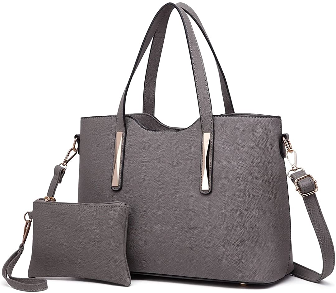 Miss Lulu Women's Handbag, Fashion Ladies Top Handle 2-Piece Tote & Shoulder Bag PU Leather, Grey