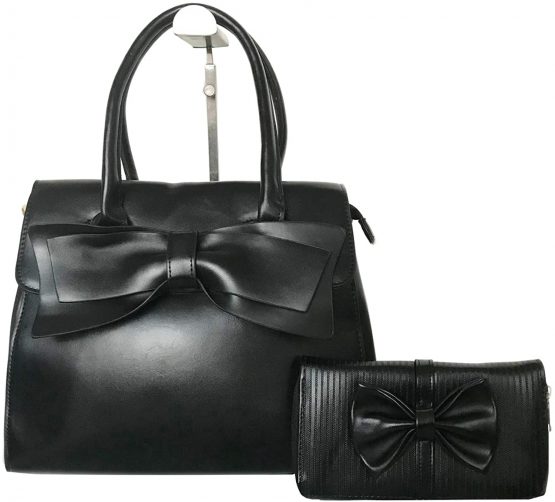 Women Handbag 2 Pcs Set Big Bow-Knot PU Leather Top Handle Bag Designer Tote Bag Clutch Wallet Set for Ladies