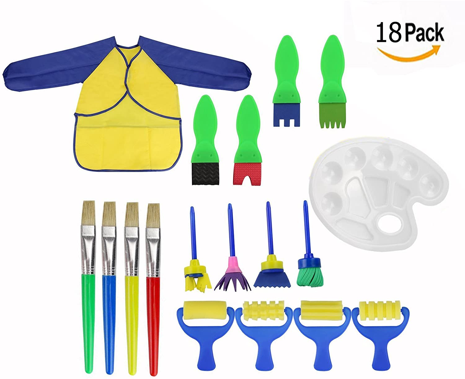 OFKPO 18 PCS Paint Brushes Kit, Includes Sponge Tools, Common Brushes, Palette, Apron, Early Learning DIY Arts and Crafts Set for Kids - Image 2