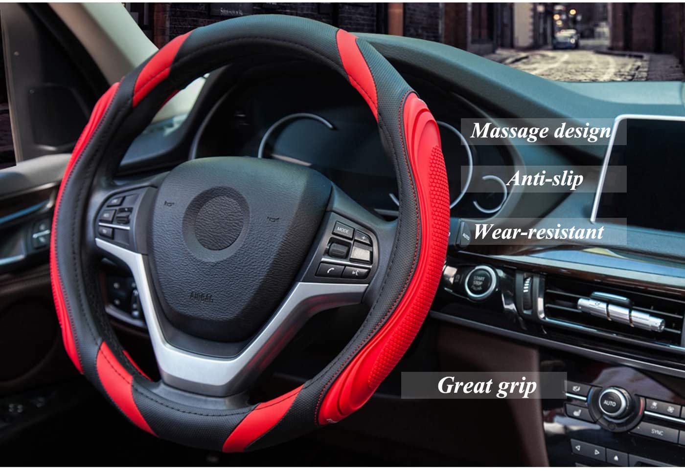 Car Steering Wheel Cover - Sportage Leather Steering Wheel Cover Universal Size M 37-38cm /14.5-15inch, Anti-slip, Breathable, Red - Image 3