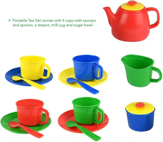 Vinsani 15 Piece Colourful Plastic Tea Party Set Includes Teapot, Jug, Sugar Bowl, Saucers & Spoons with Portable Carry Case for Boys Girls Pretend Play Age 3 Years - Image 2