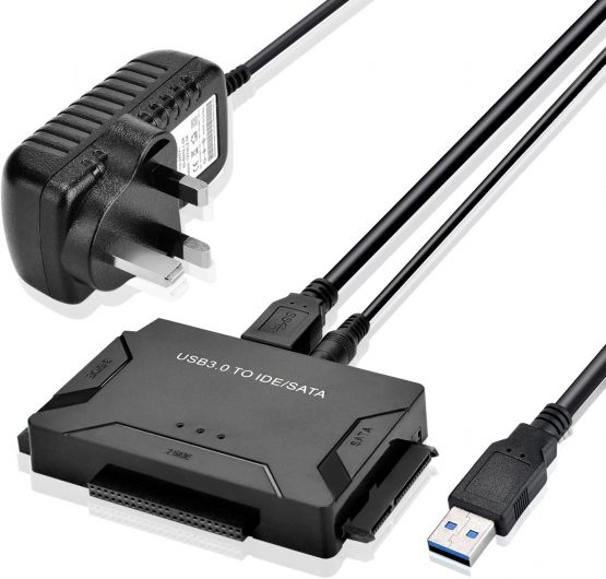 AGPTEK USB 3.0 to IDE/SATA Converter, Hard Drive Adapter with Power Switch for 2.5"/3.5" SATA/IDE SSD Hard Drive Disks & 5.25" CD/DVD Drives, Support 2TB, Include 12V 2A Power Adapter & USB 3.0 Cable