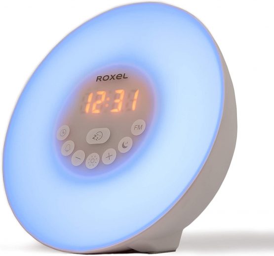 Roxel Alarm Clock Wake Up Light Sunrise/Sunset Simulation Table Bedside Lamp with FM Radio, Colour Changing Mood Light, Nature Sounds and Touch Control Function (White) - Image 2