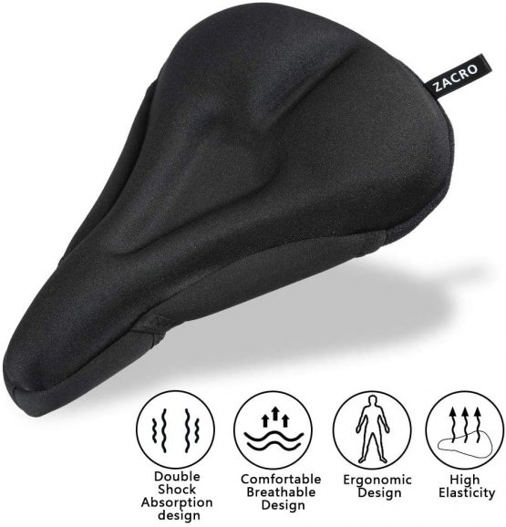 Zacro Gel Bike Seat Cover - Extra Soft Gel Bicycle Seat Cover - Bike Saddle Cushion with Water & Dust Resistant Cover with Reflective Strips