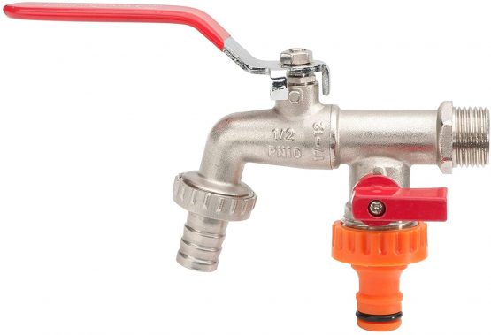 Double Duo Outlet Garden Tap Ball Valve Faucet Red Handle 1/2" x 3/4" x 3/4" BSP