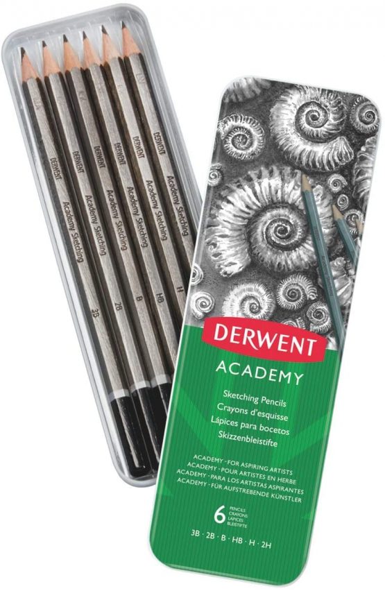 Derwent 2301945 Academy Graphite Sketching Pencils, Tin Box, 6B-5H Degrees, , Multicolor,Set of 6