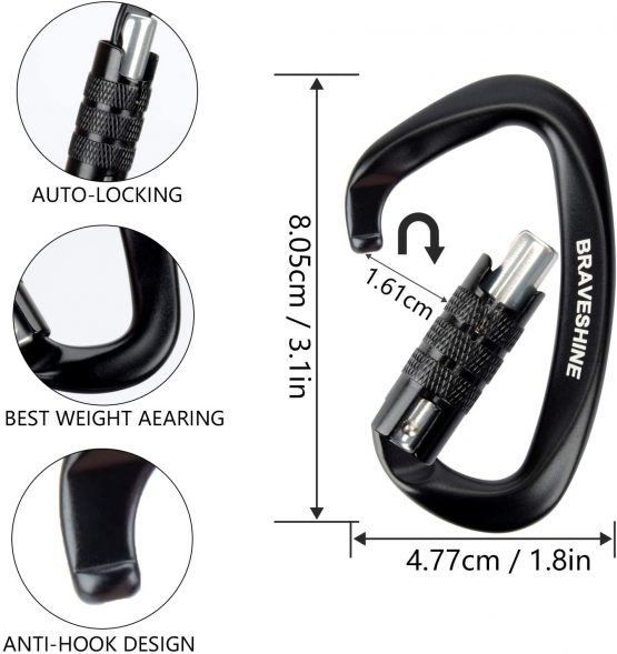 BRAVESHINE 2 Pack Twist Locking Carabiner Clips Heavy Duty, 12KN Auto Locking Aluminum Carabiner, Super Durable D Lock Carabiner Hook for Camping, Hammocks, Dog Leash, Rappelling, Swing - Image 2