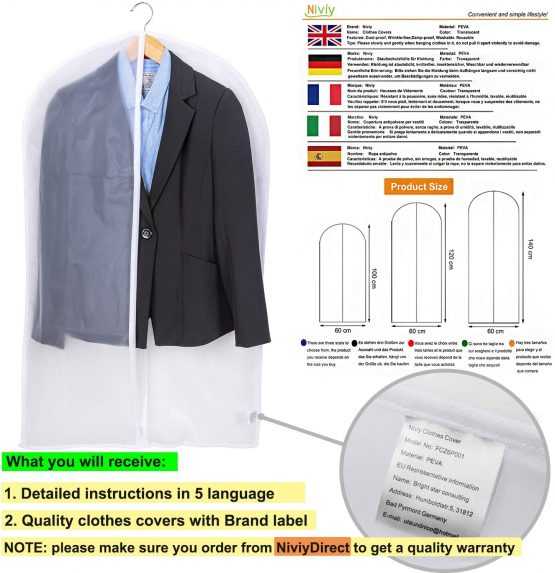 Garment Covers, Dustproof Clothes Covers Niviy Moth Proof Coat Bag with Zip, PEVA Translucent Dress Cover Waterproof Anti-mite Breathable Suit Protector, 3pcs 60*100cm, 3pcs 60*120cm (white) - Image 2