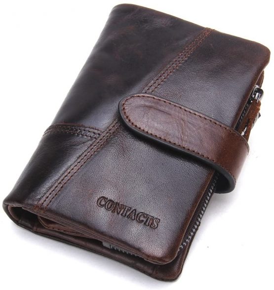 Contacts Mens Genuine Leather Trifold Wallet Card Holder Zipper Coin Bifold Short Purse Vintage (Dark Brown)