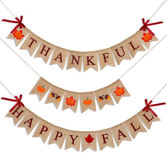3 Pieces Happy Fall Thankful Burlap Banner Thanksgiving Fall Harvest Autumn Decorations Pumpkin Maple Leaf Acorn Banner for Thanksgiving Hanging Decoration