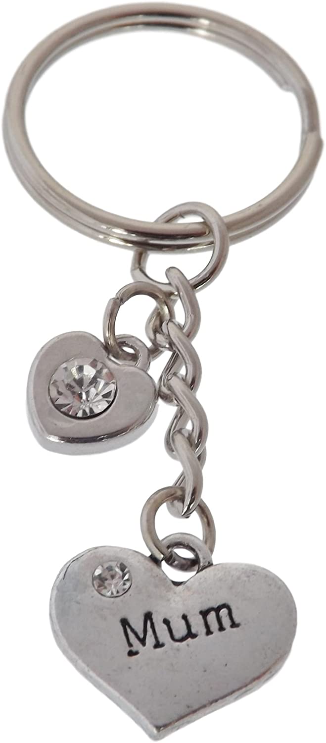 FizzyButton Gifts Mum Heart Keyring Key Ring with Rhinestone Charms and White Gift Box, Silver