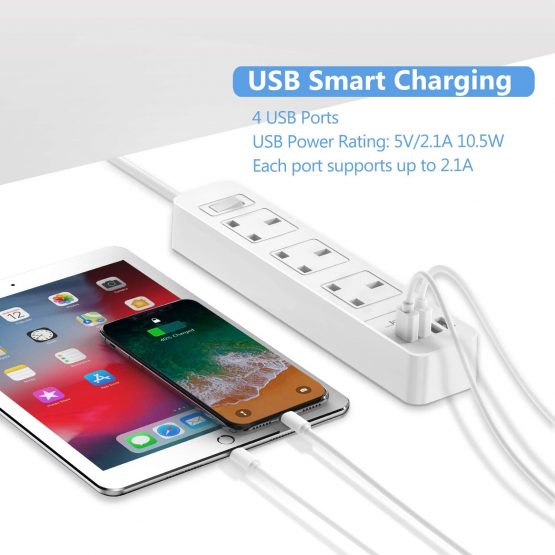 JSVER Extension Lead USB, Power Socket with 3 Outlet 4 USB Charging Station Power Strip Surge Protection with 2m Power Lead-White - Image 4