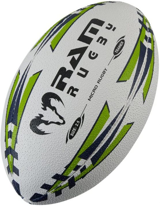 Rugby Ball - Ram Rugby - Micro Rugby Trainer Ball - Size 2.5 - Perfect Starter Ball - Suitable For Children - Ages 3-5 - Lime Green/Navy