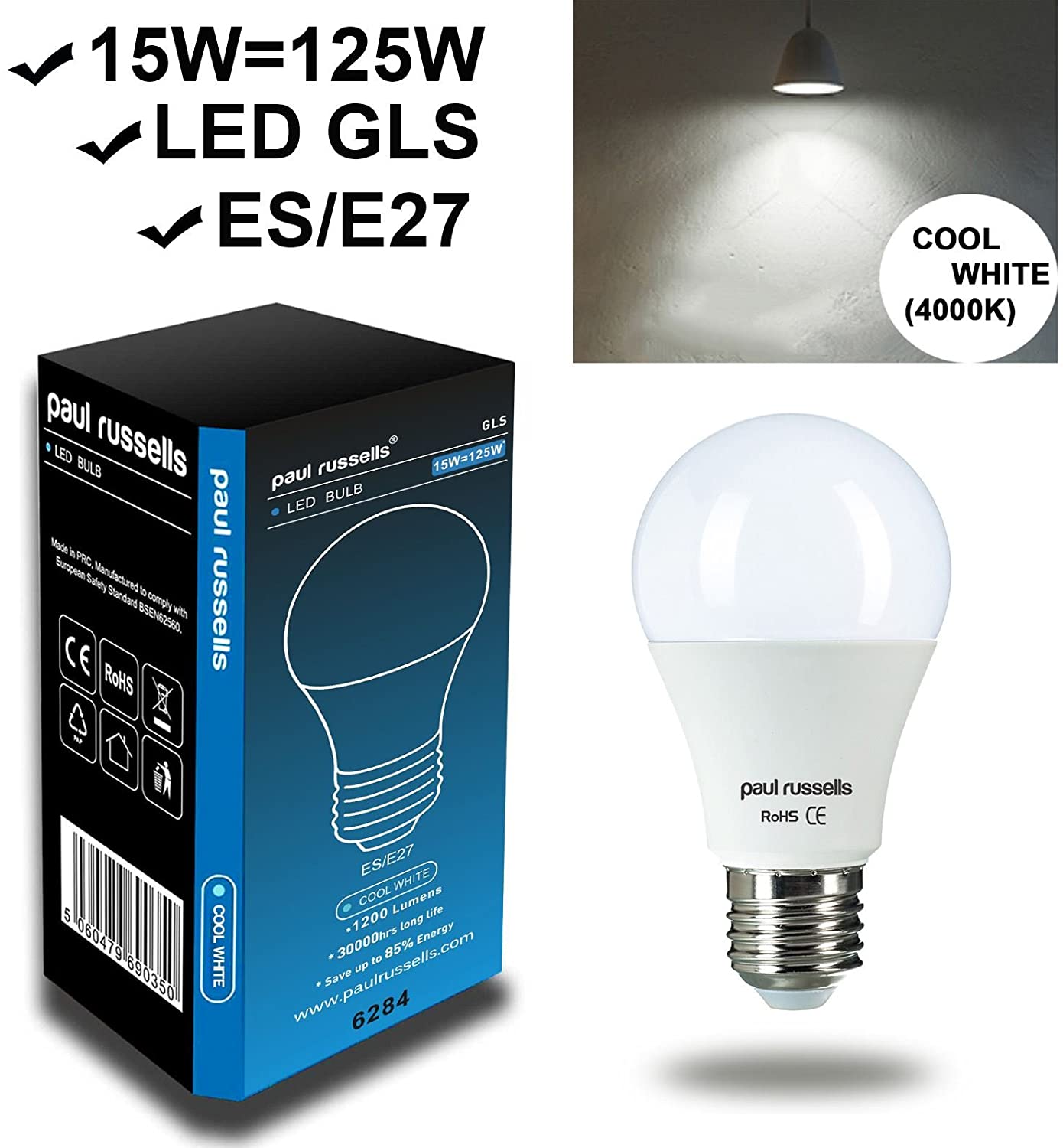 paul russells E27 Edison Screw LED Light, 13W = 100W Equivalent Bulbs, 1521 Lumens, 4000K Standard ES A60 LED GLS - Image 2
