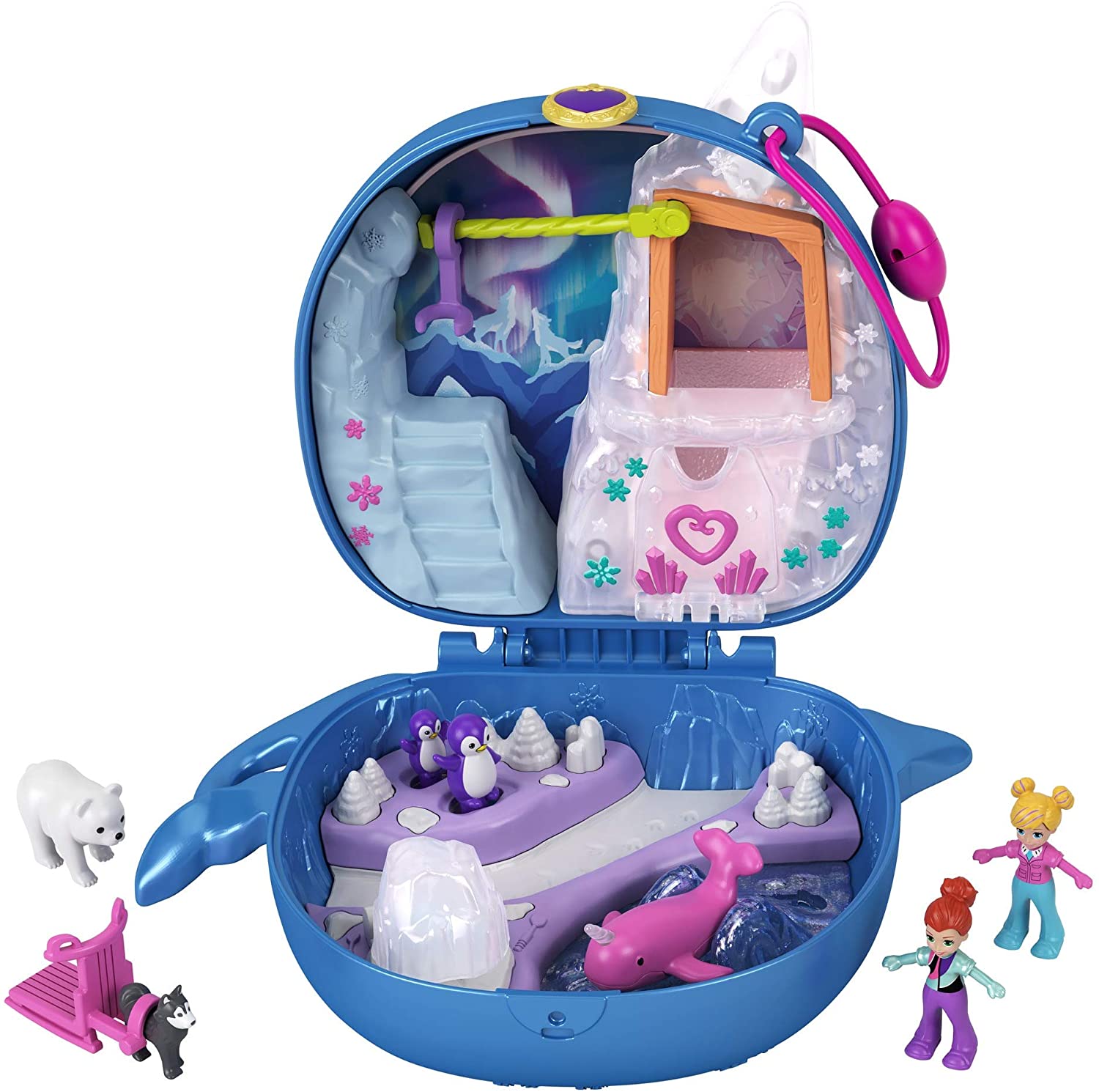 Polly Pocket Freezin' Fun Narwhal Compact with Fun Reveals, Micro Polly and Lila Dolls, Husky Dog & Sled