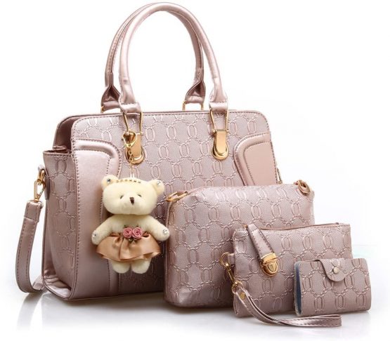 MORGLOVE New Fashion Women PU Leather Handbag Messenger Bag Shoulder Bag Tote Bag Card Purse in Gold （4 Pcs Set）