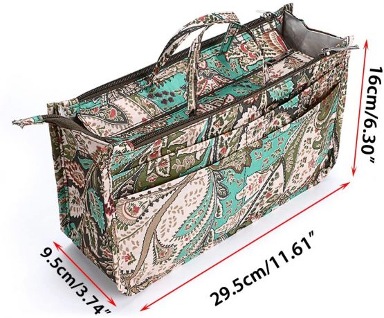 IGNPION Printed Insert Handbag Purse Organiser 13 Pockets Expandable Liner Bag Pouch Zipper Closure Tote Organiser Diaper Bag Insert with Handle (29x 16x 9cm) (Peacock Flower) - Image 2