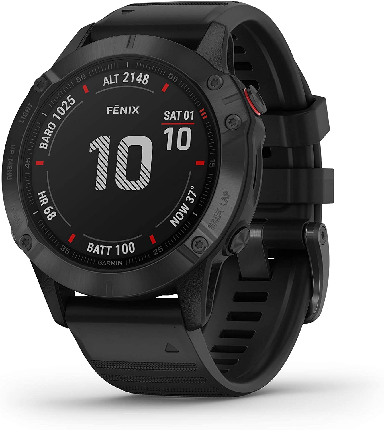 Garmin fēnix 6 Pro, Ultimate Multisport GPS Watch, Features Mapping, Music, Grade-Adjusted Pace Monitoring and Pulse Ox Sensors, Black with Black Band