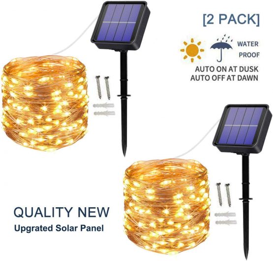 [2 Pack] Solar String Lights, 100 LED 10M/33Ft 8 Modes Solar Fairy Lights Waterproof Outdoor/Indoor Garden Lights Copper Wire Lighting for Wedding, Patio, Yard, Festoon, Christmas (Warm White)