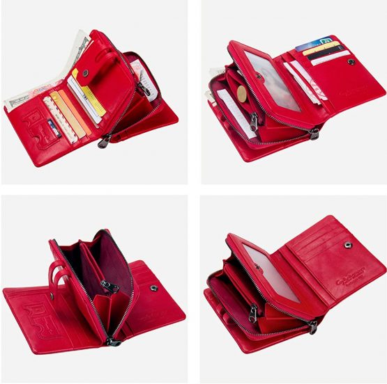 Contacts Real Leather Womens Bifold Trifold Wallet Multifunction Card Holder Clutch Travel Purse with Zipper Coin Pocket (Red) - Image 4
