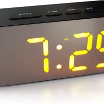 Digital Alarm Clock - Mains Powered, Big Digit Mirror Display, No Frills Simple Operation Alarm Clocks, Bedside Alarm, Snooze, Non Ticking, Full Range Brightness Dimmer, Two USB Charging Ports (Black)