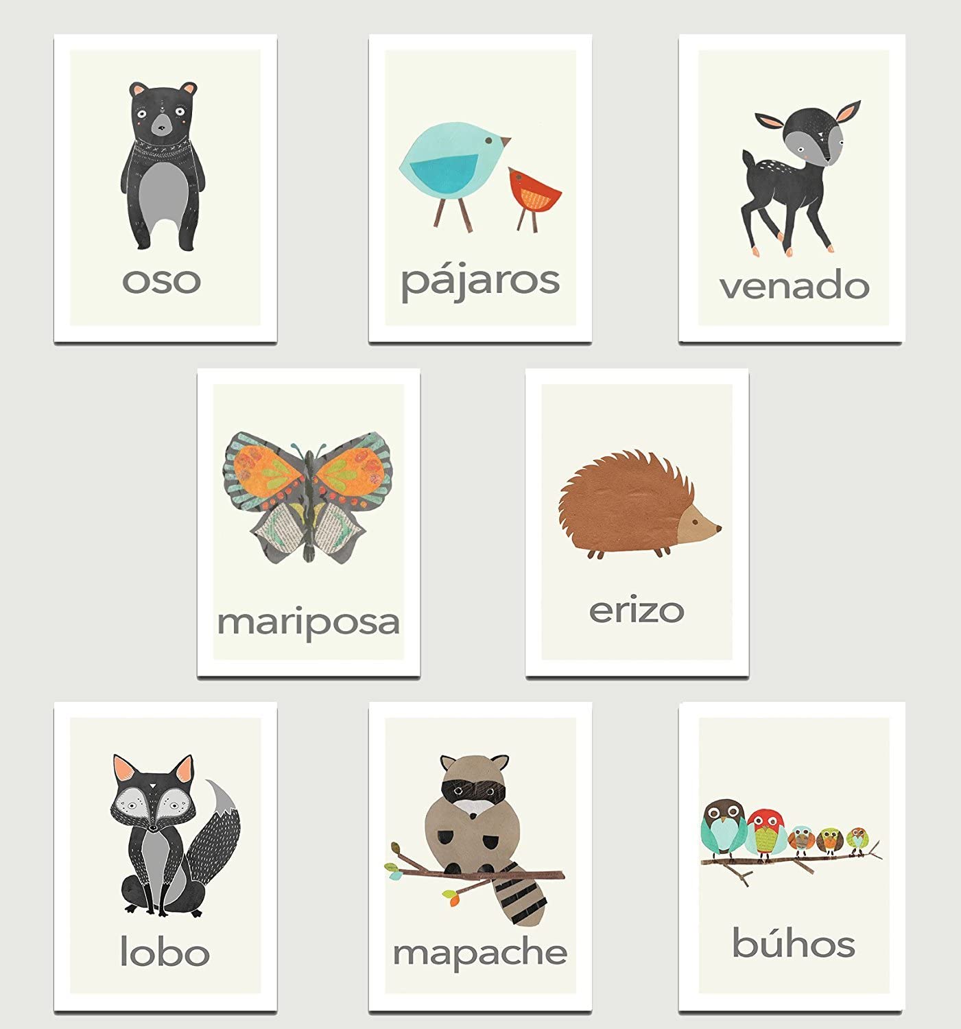 Children Inspire Design Nature Animals in Spanish Mini Collection Wall Card Prints, Animals, Flash Cards, Minimalist Design