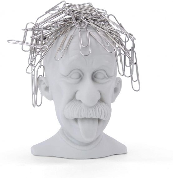 MUSTARD - Genius Paperclip Holder I Magnetic Clip Dispenser I Funny Office Gadget I Magnetic Paper Clip Holder I Einstein Paper Clip Holder I Special Paper Clip Dispenser for Desk I Einstein - Grey